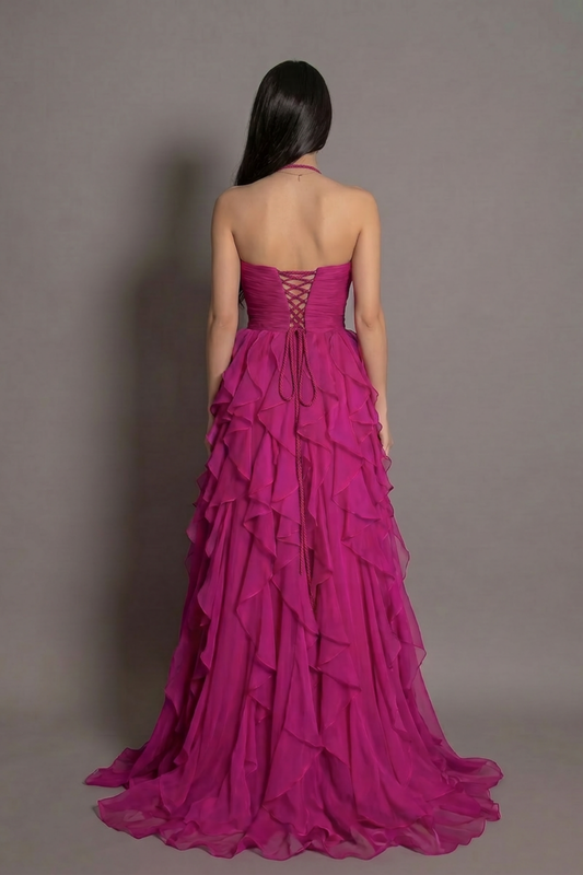 Rochie magenta lungă Ruffle Elegance cu decolteu inimă și volane Eleonora Luxe - imagine 2