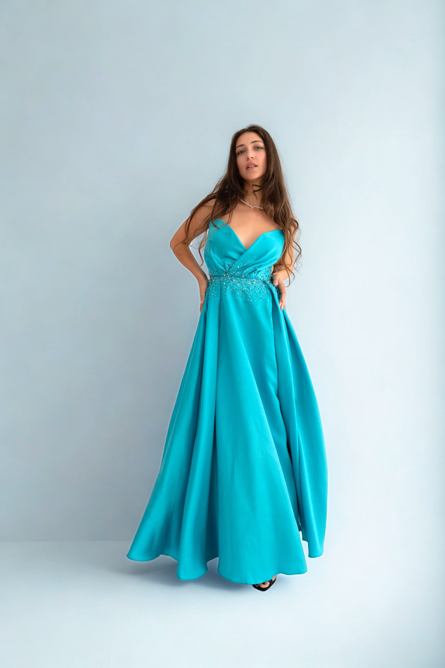 Rochie de ocazie cu umerii goi și croi prințesă - Aurora Glow (AT3) - Baby Blue