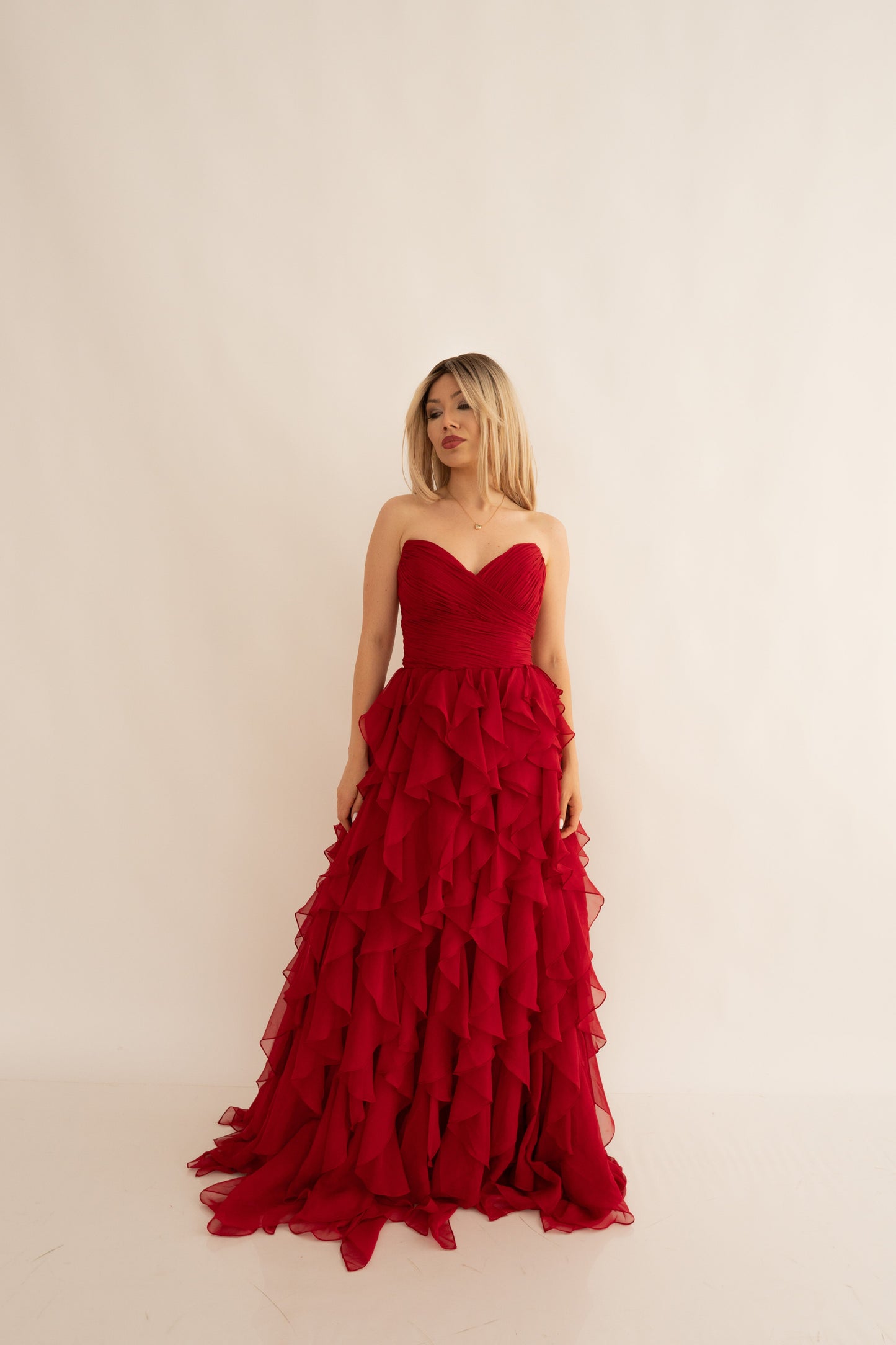 Rochie de Seară prințesă, decolteu inimă și cu Volane - Ruffle Elegance (AT5) - Rosu