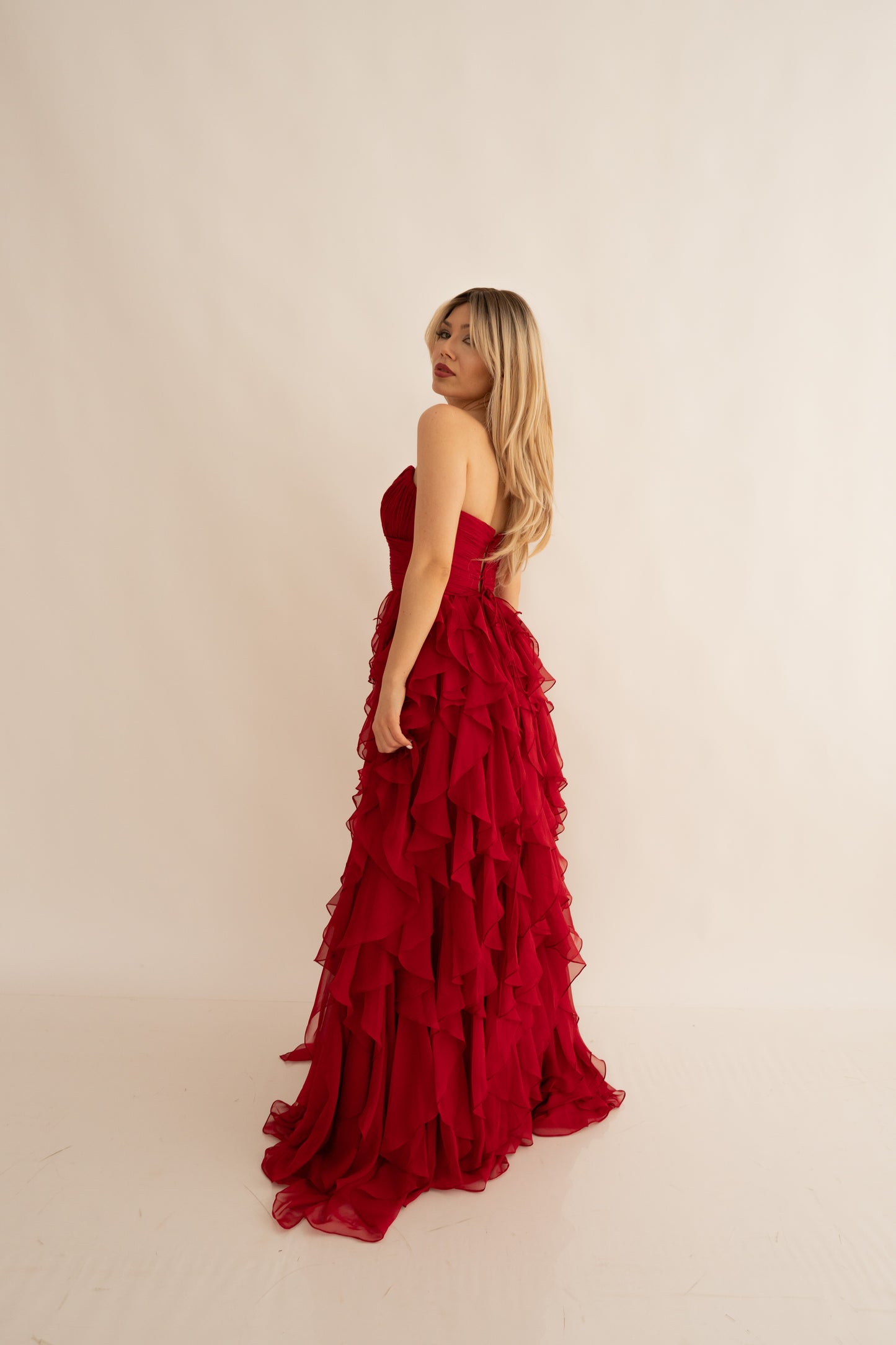 Rochie de Seară prințesă, decolteu inimă și cu Volane - Ruffle Elegance (AT5) - Rosu