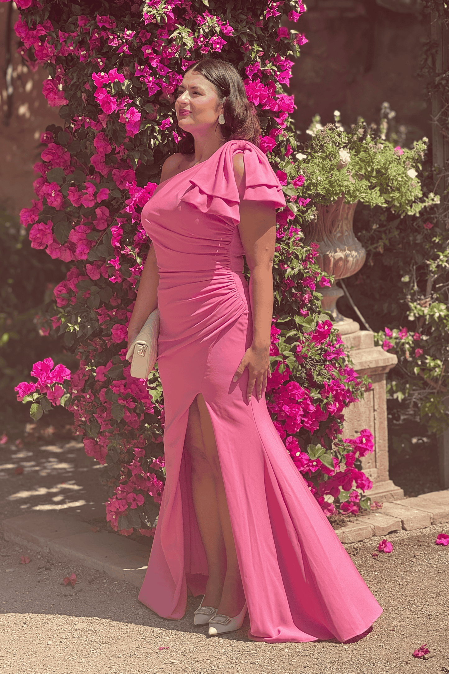 Rochie elegantă lungă cu slit și fundă, pe un umăr – Eleonora Rose Bow (AT1)