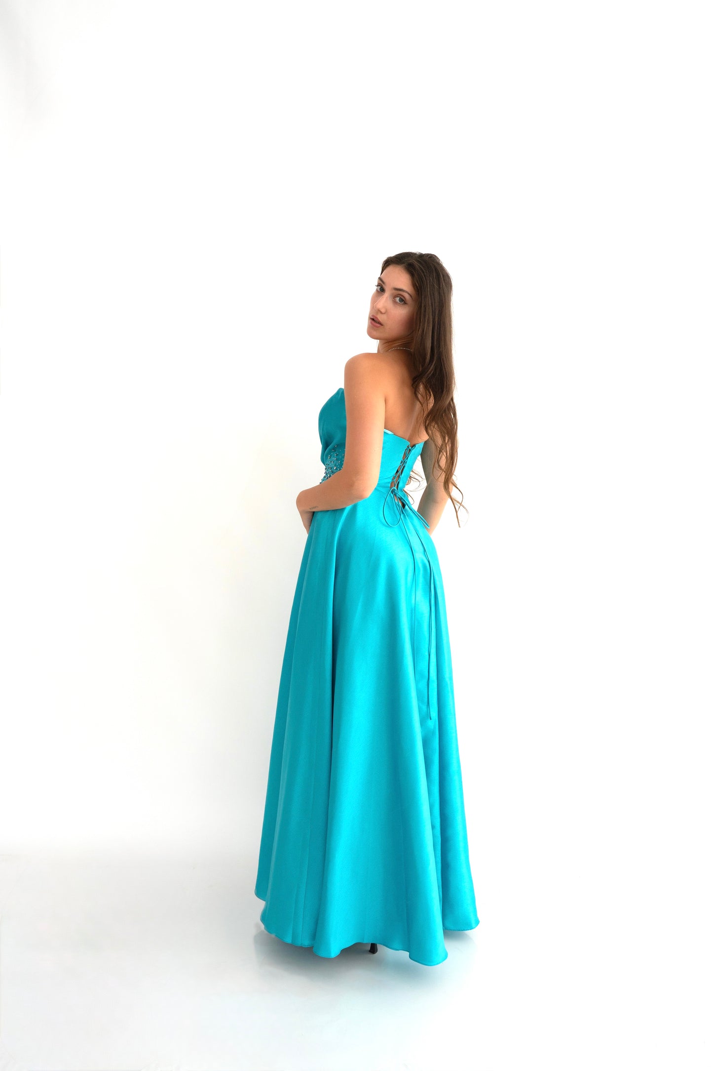 Rochie baby blue lungă Aurora Glow cu umeri goi și croi prințesă Eleonora Luxe - imagine 11