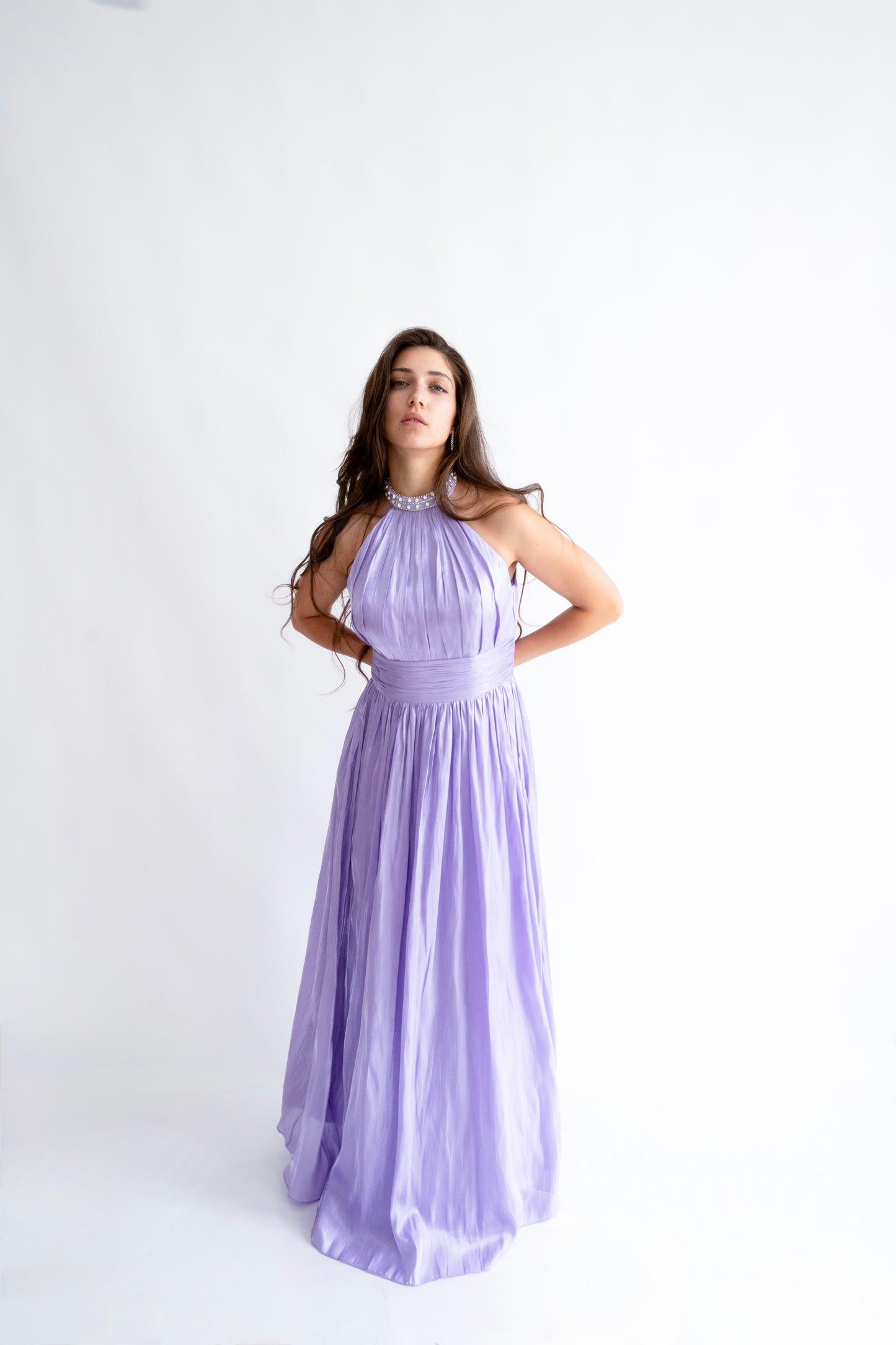 Rochie lunga nunta Halter Neck cu Strasuri – Celeste Glow (AT2) - Liliac