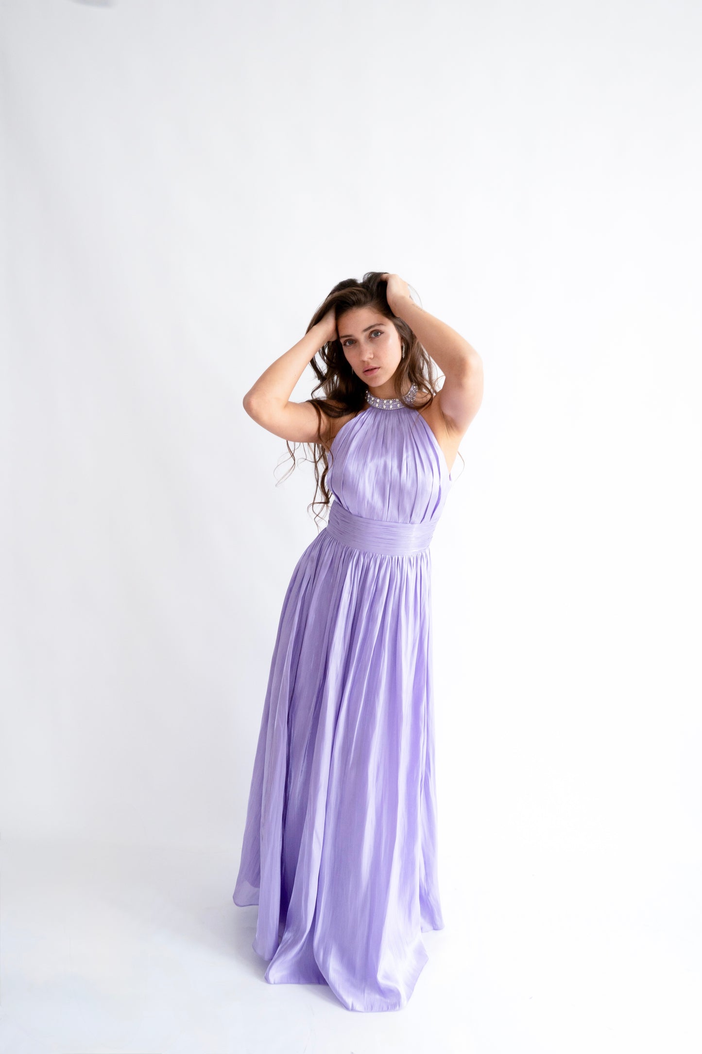 Rochie lunga nunta Halter Neck cu Strasuri – Celeste Glow (AT2) - Liliac