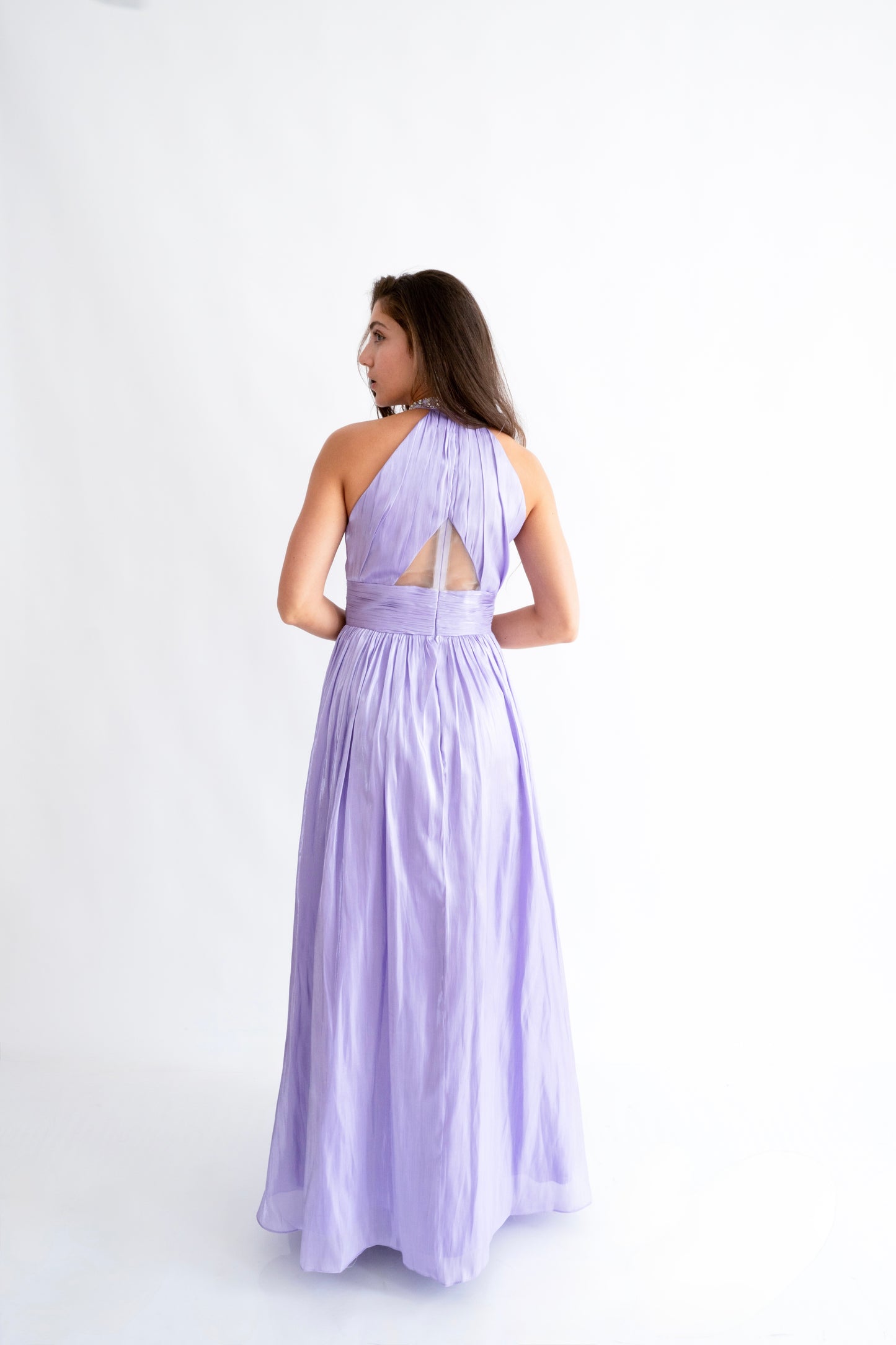 Rochie roz somon lungă Celeste Glow halter neck cu strasuri Eleonora Luxe - imagine 8