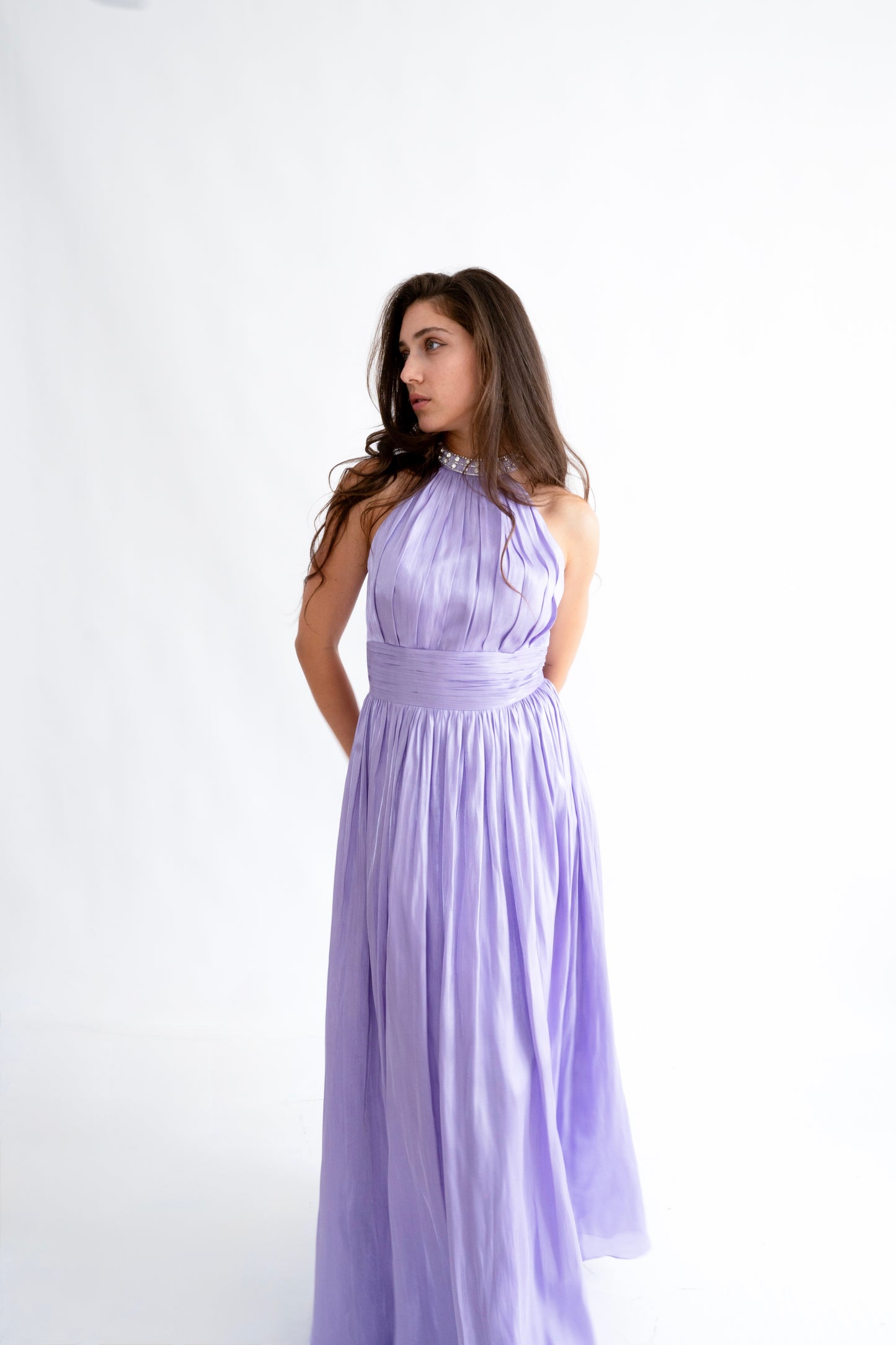 Rochie lunga nunta Halter Neck cu Strasuri – Celeste Glow (AT2) - Liliac