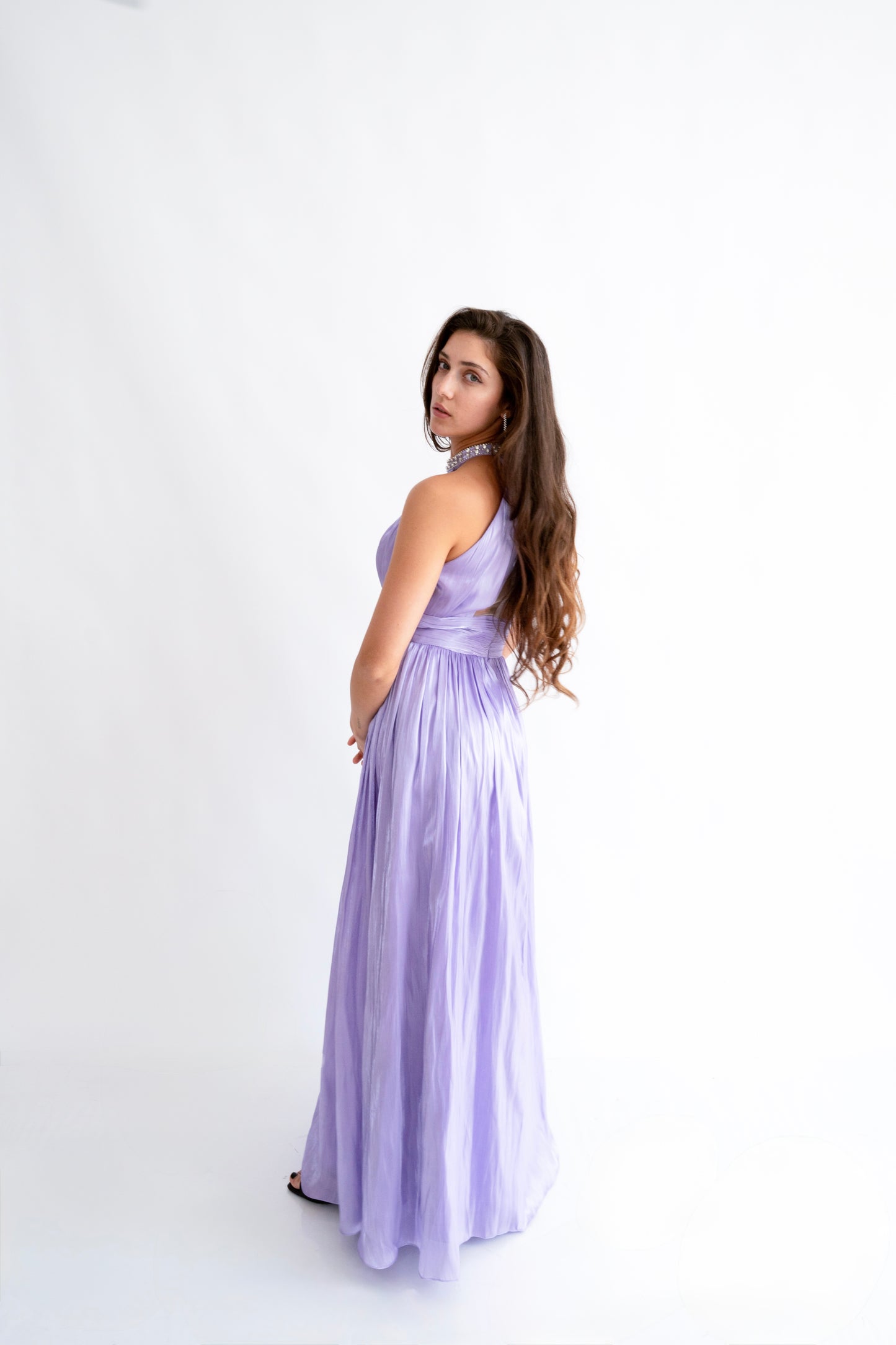 Rochie lunga nunta Halter Neck cu Strasuri – Celeste Glow (AT2) - Liliac