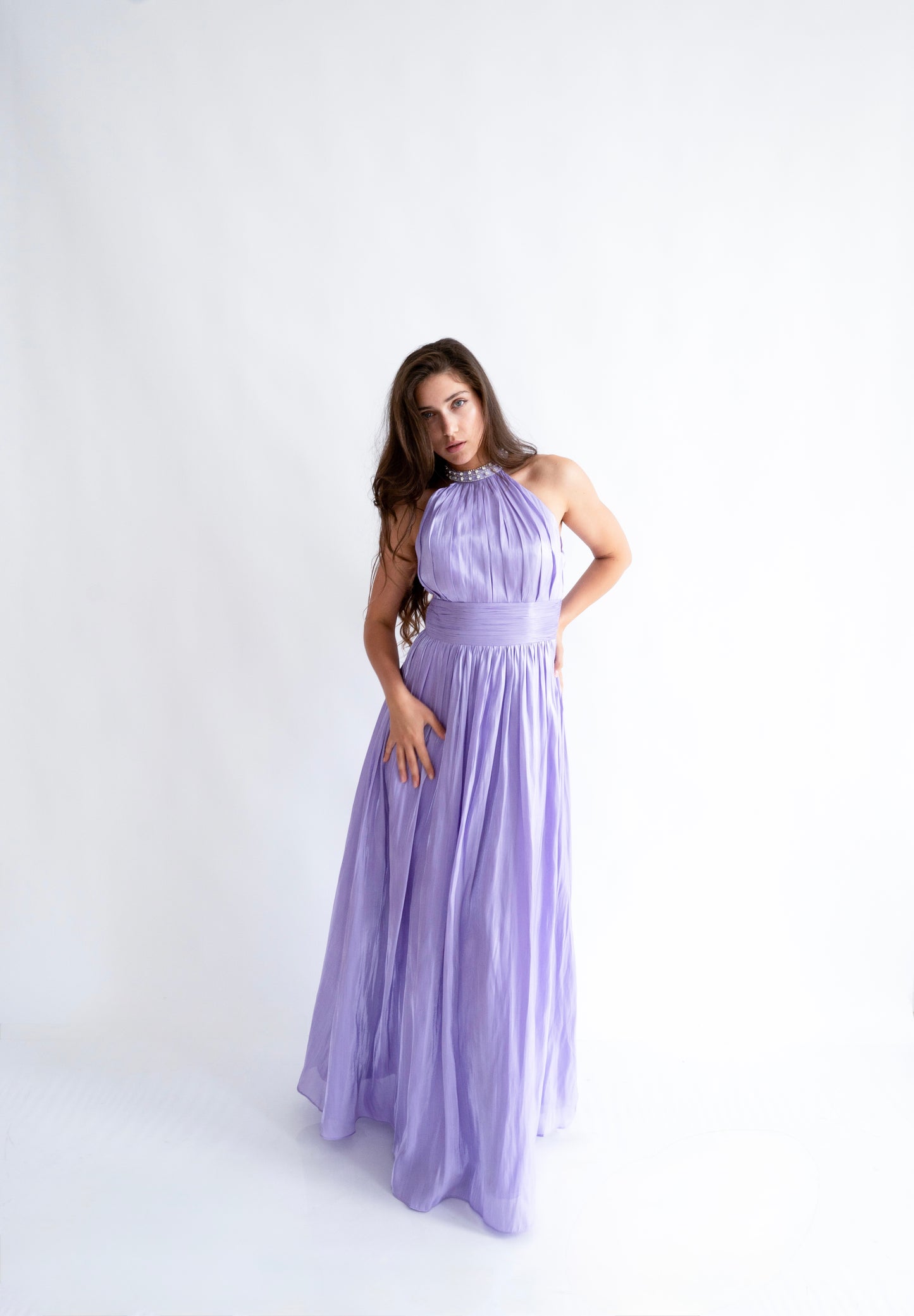 Rochie lunga nunta Halter Neck cu Strasuri – Celeste Glow (AT2) - Liliac