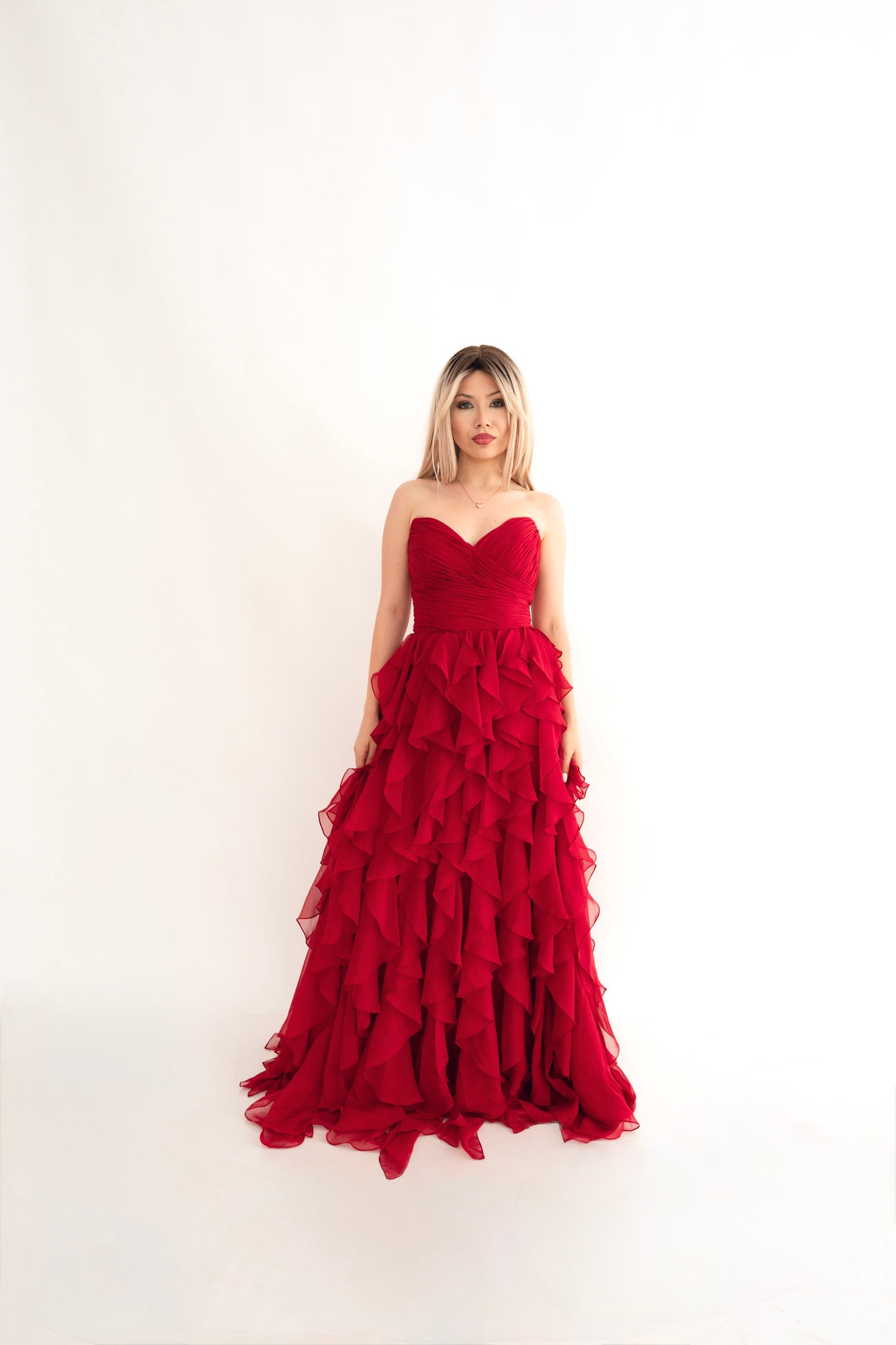Rochie de Seară prințesă, decolteu inimă și cu Volane - Ruffle Elegance (AT5) - Rosu