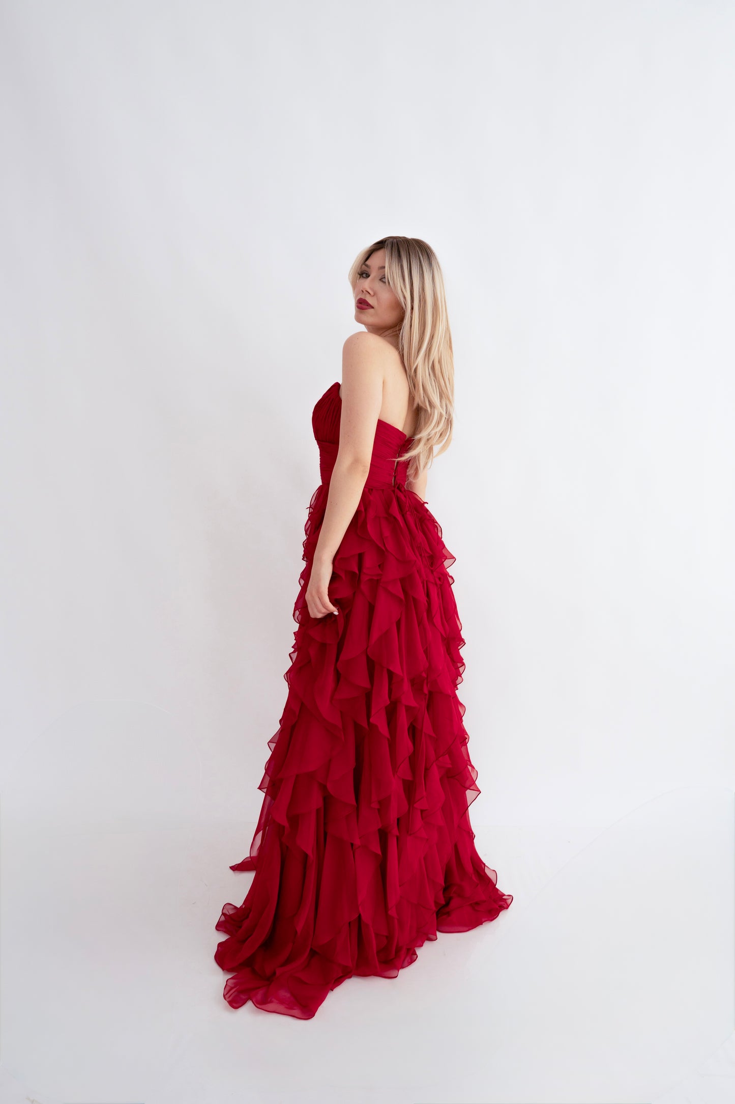 Rochie de Seară prințesă, decolteu inimă și cu Volane - Ruffle Elegance (AT5) - Rosu
