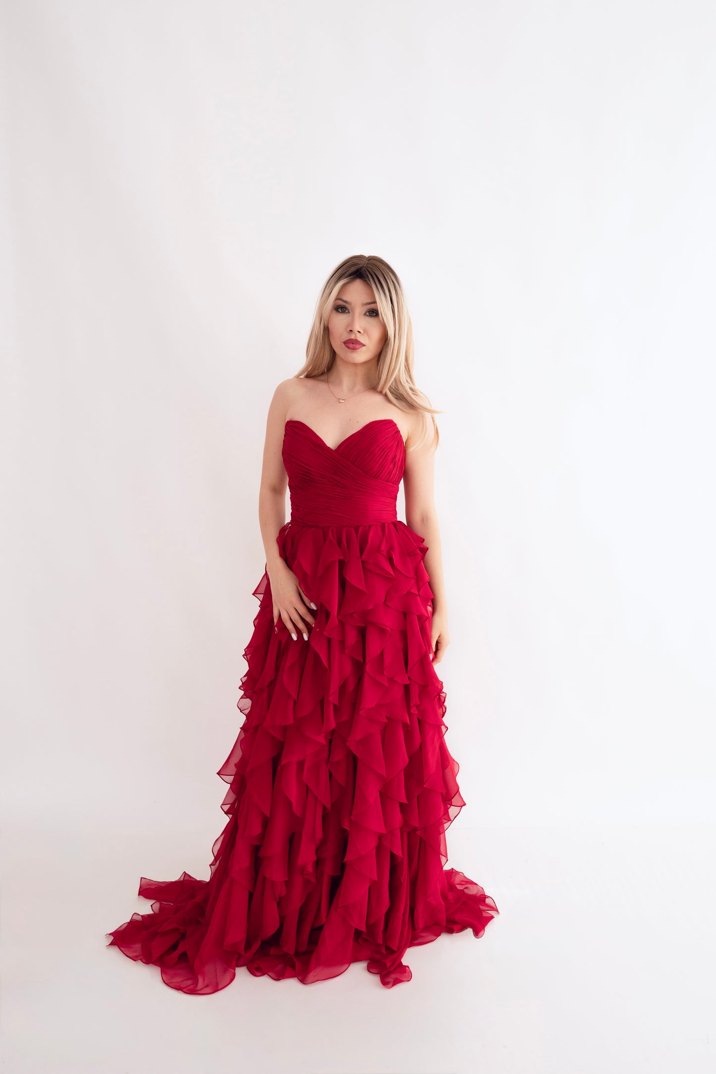 Rochie de Seară prințesă, decolteu inimă și cu Volane - Ruffle Elegance (AT5) - Rosu