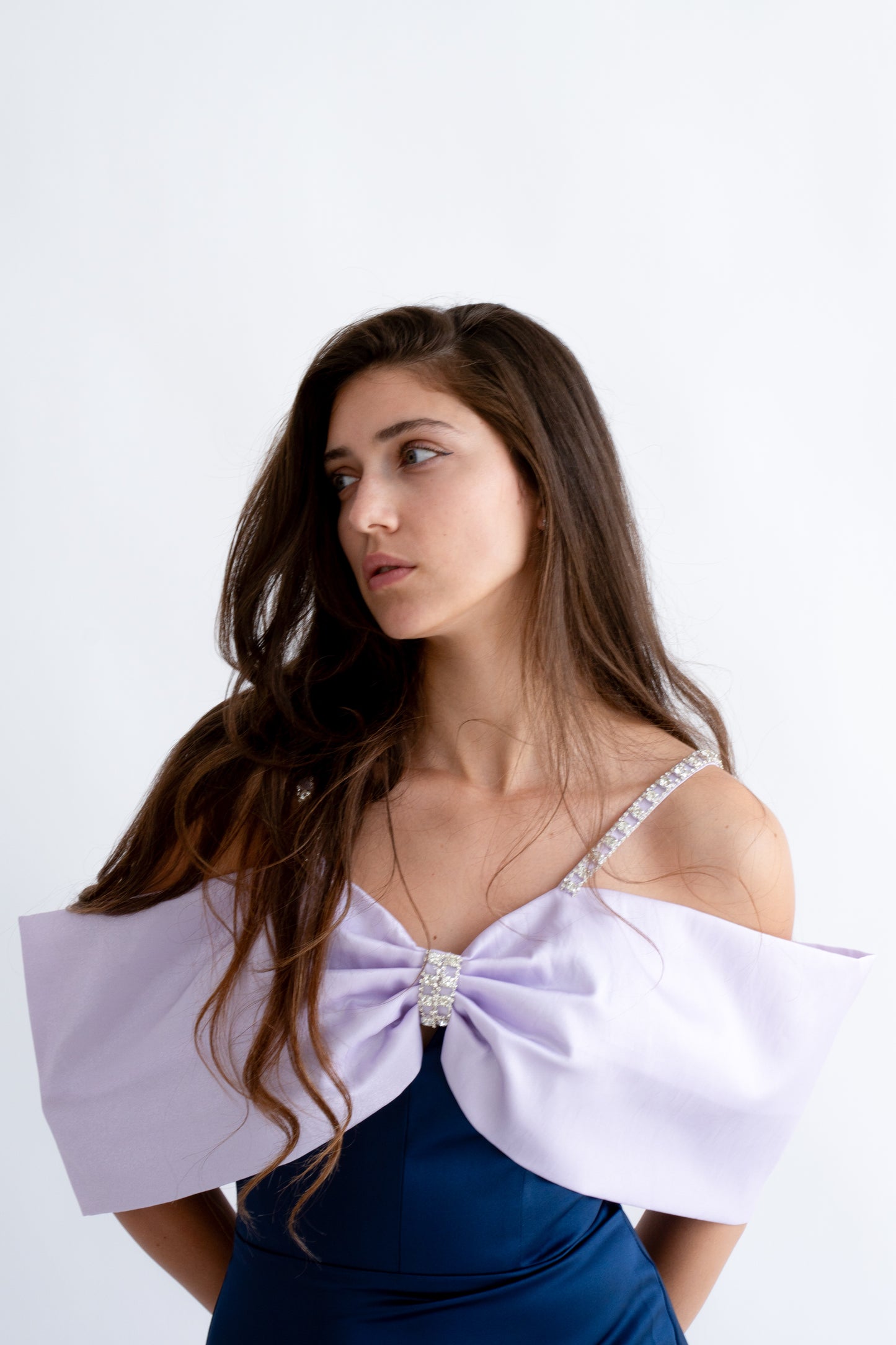 Rochie de Ocazie cu Bretele Strălucitoare și Fundă Maxi - Eleonora Bow Dress (AT6) - Albastru