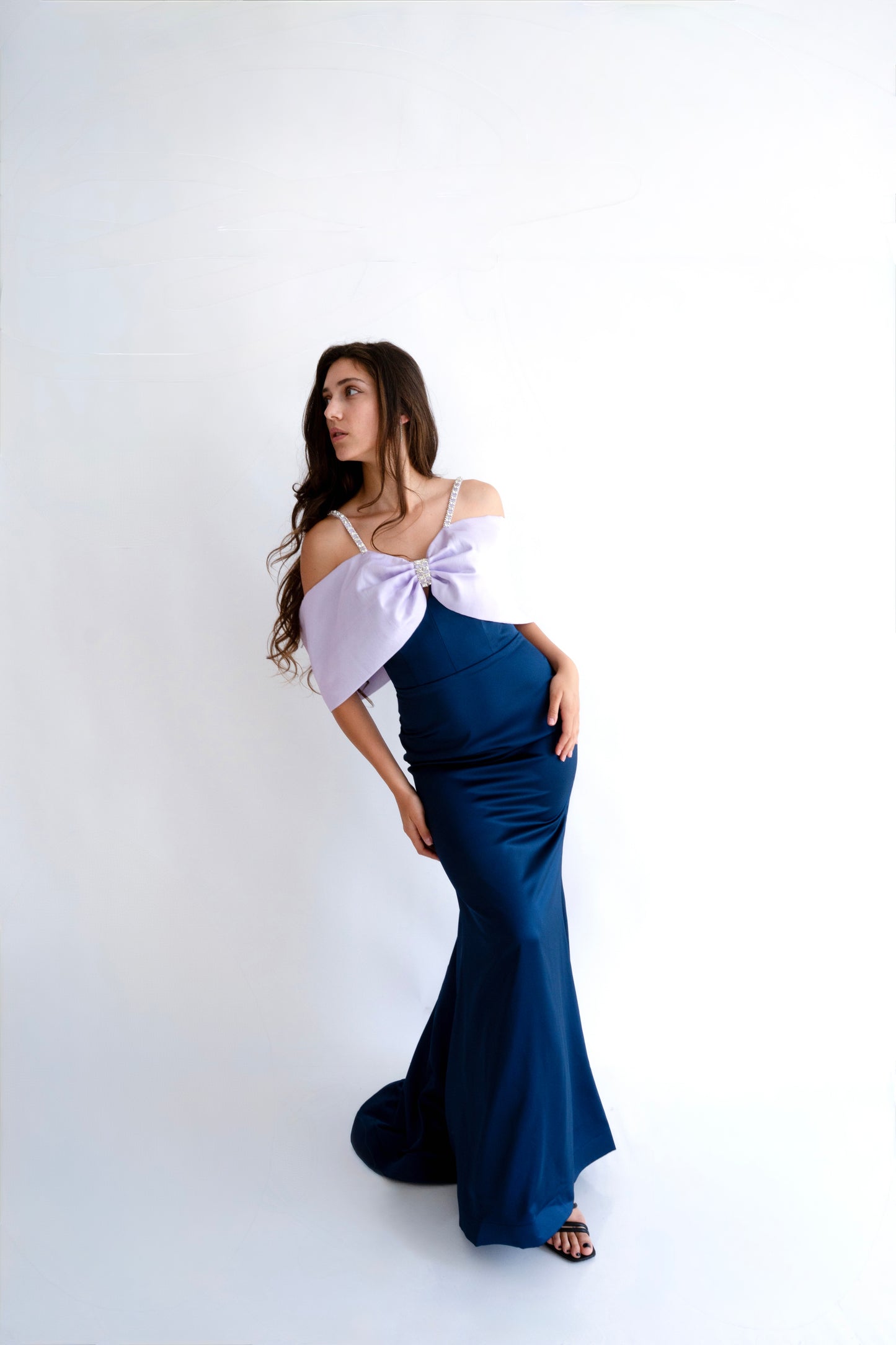 Rochie de Ocazie cu Bretele Strălucitoare și Fundă Maxi - Eleonora Bow Dress (AT6) - Albastru