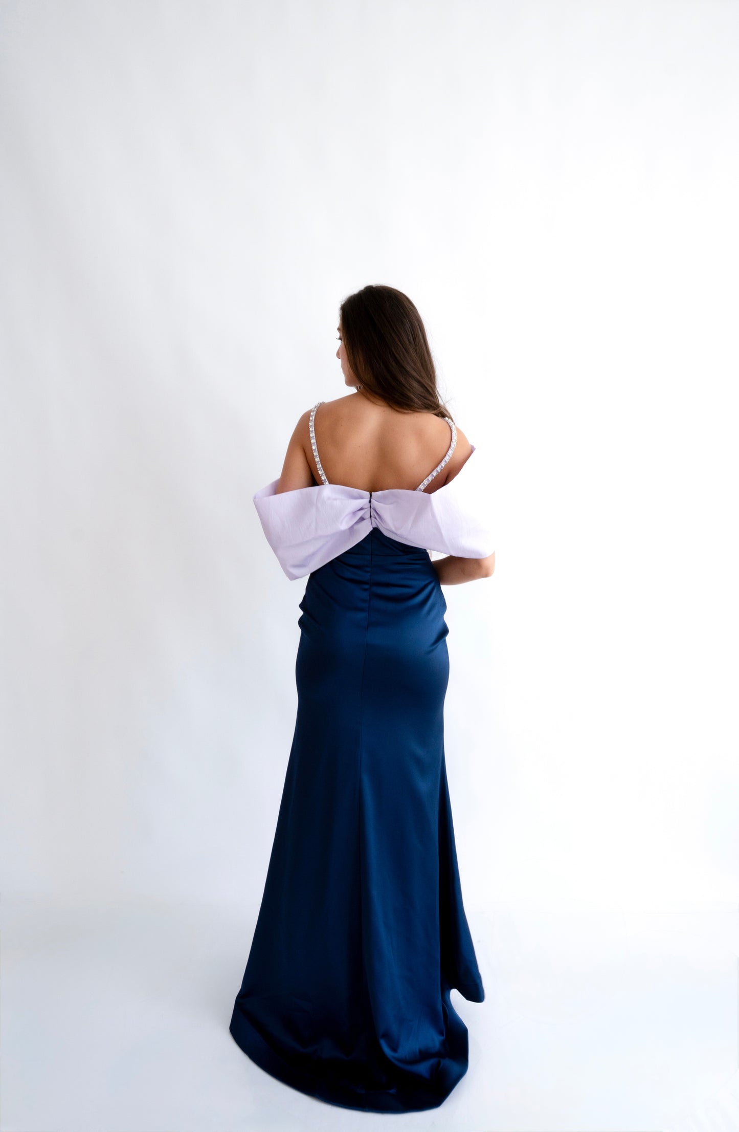 Rochie de Ocazie cu Bretele Strălucitoare și Fundă Maxi - Eleonora Bow Dress (AT6) - Albastru