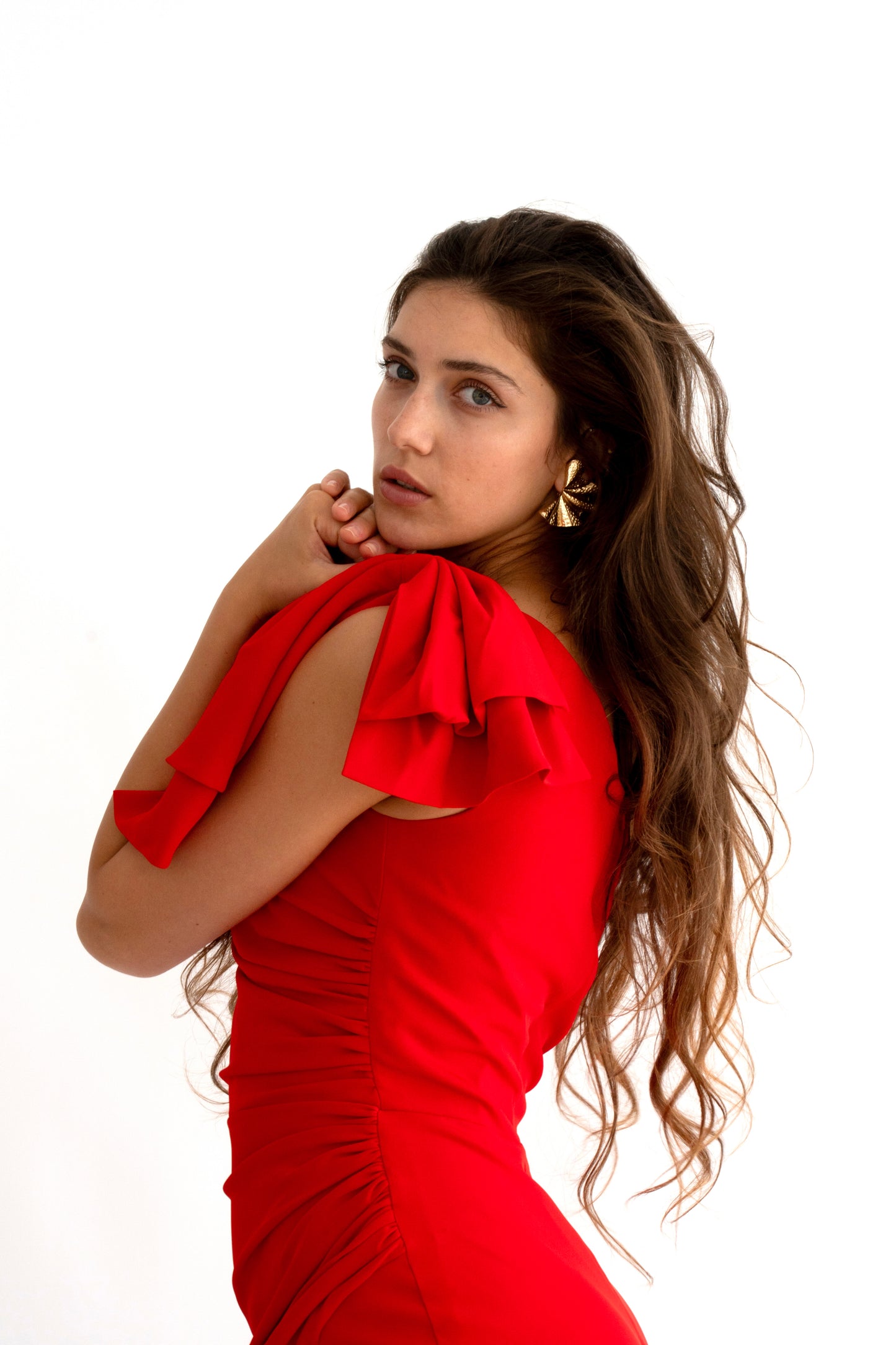Rochie elegantă lungă cu slit și fundă, pe un umăr – Eleonora Rose Bow (AT1)