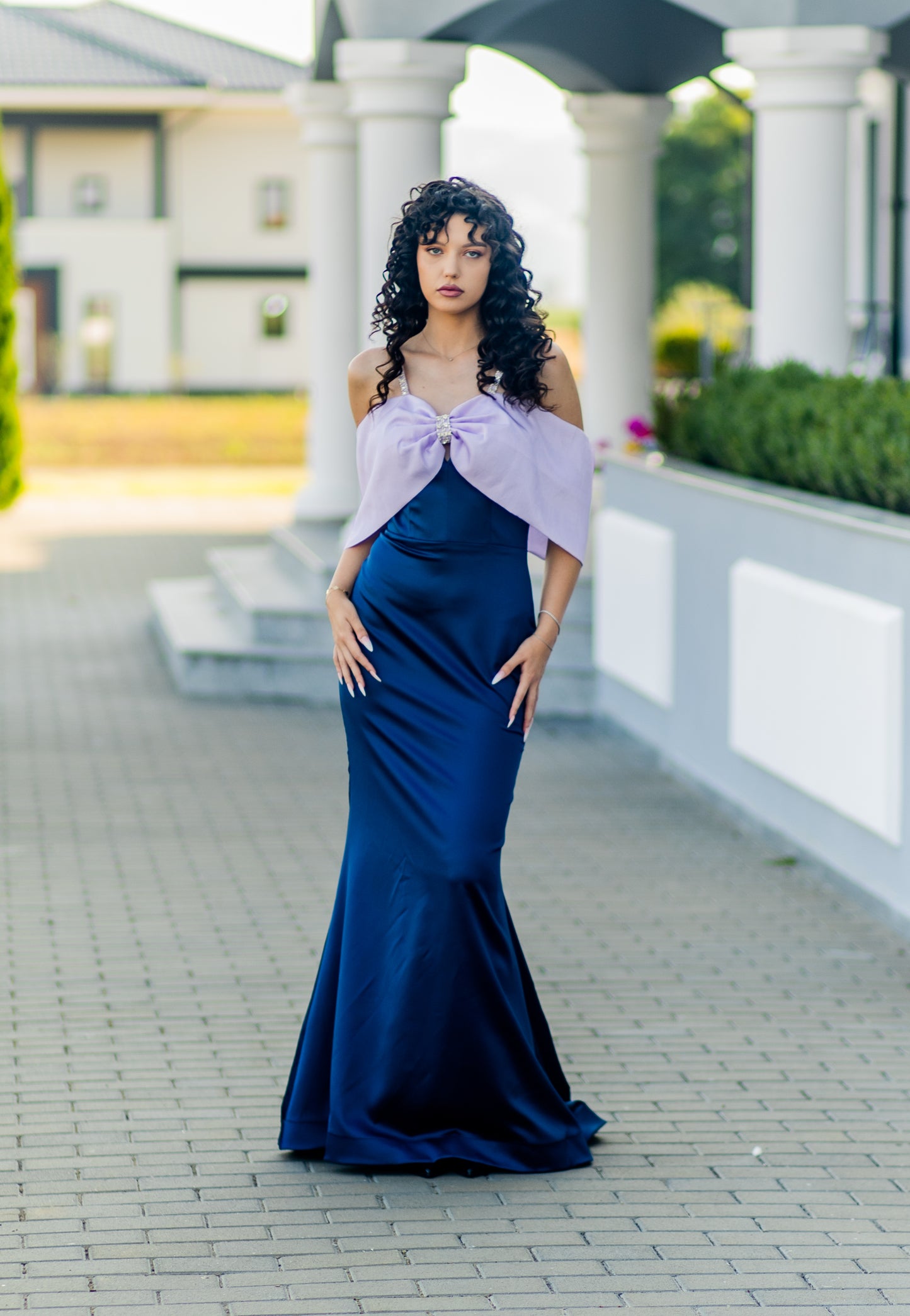 Rochie de Ocazie cu Bretele Strălucitoare și Fundă Maxi - Eleonora Bow Dress (AT6) - Albastru