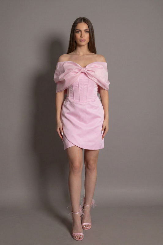 Rochie roz scurtă din satin Blush Belle cu fundă supradimensionată Eleonora Luxe - imagine 1