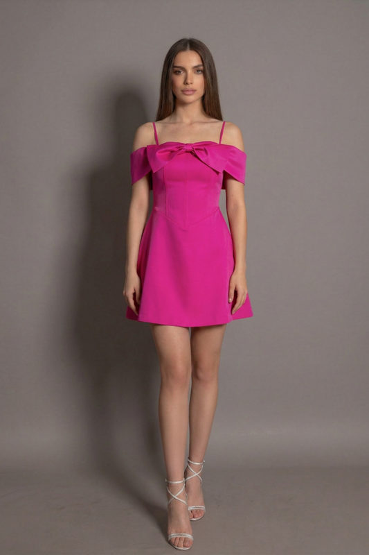 Rochie fucsia scurtă Bella cu fundă și umeri goi Eleonora Luxe - imagine 1