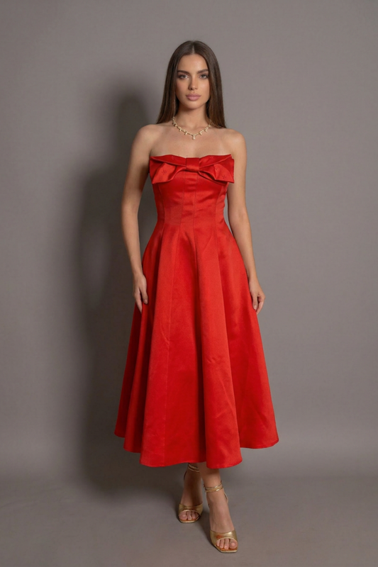 Rochie roșie midi Scarlet fără bretele cu fundă delicată Eleonora Luxe - imagine 1