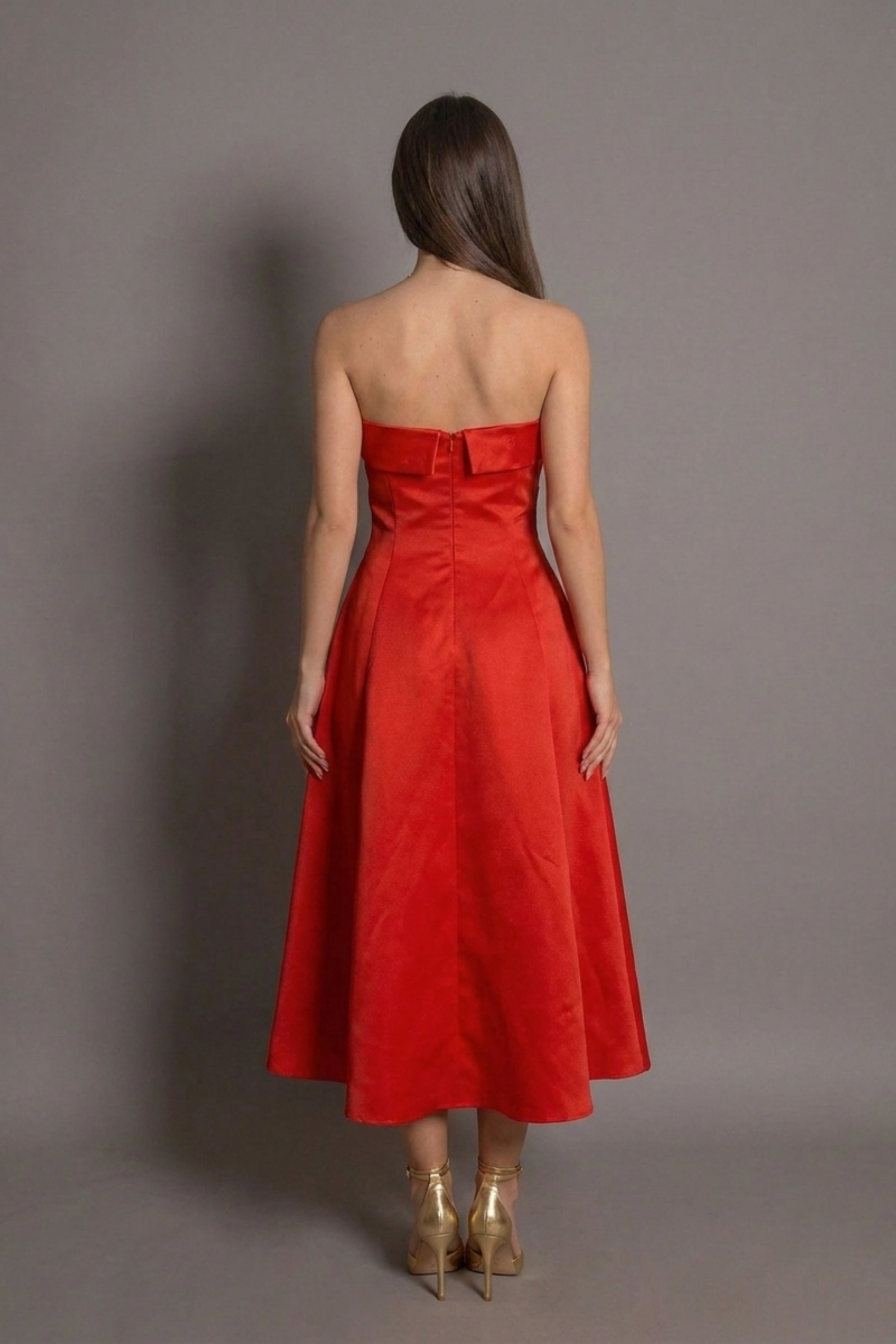 Rochie roșie midi Scarlet fără bretele cu fundă delicată Eleonora Luxe - imagine 2