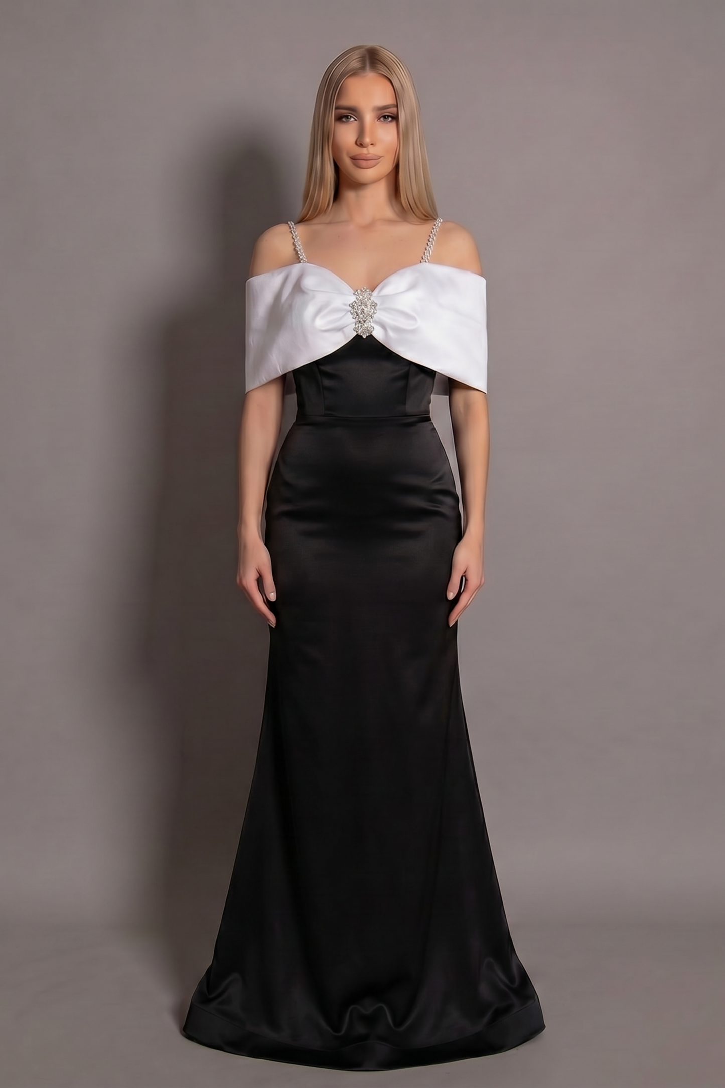 Rochie neagră lungă Eleonora Bow cu bretele strălucitoare și fundă maxi Eleonora Luxe - imagine 2