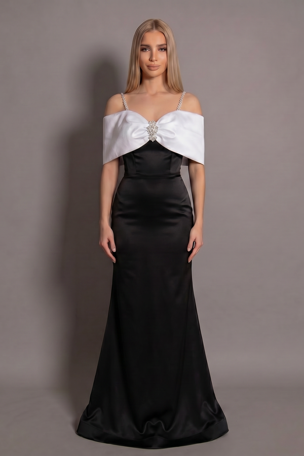 Rochie neagră lungă Eleonora Bow cu bretele strălucitoare și fundă maxi Eleonora Luxe - imagine 2