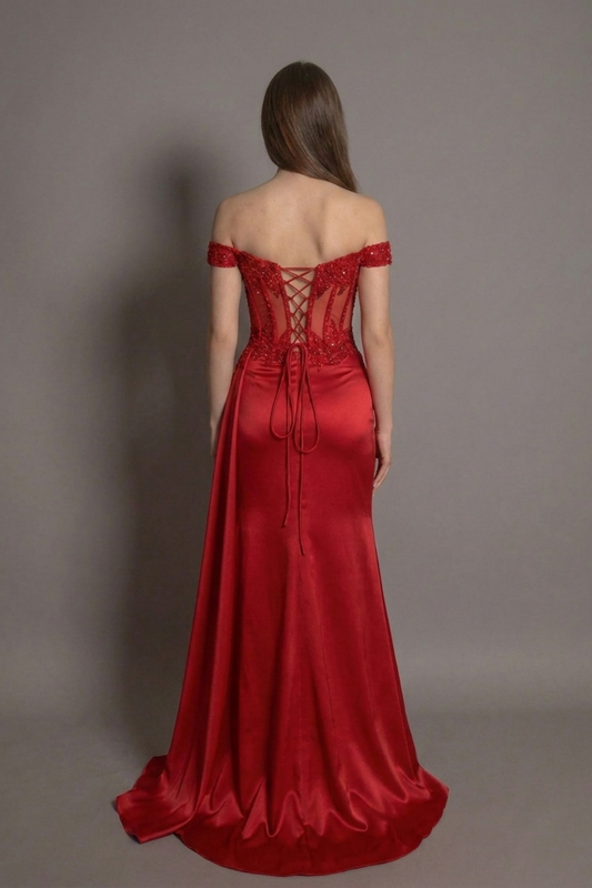 Rochie roșie lungă Eleanora Star cu corset, șliț și accente strălucitoare Eleonora Luxe - imagine 2
