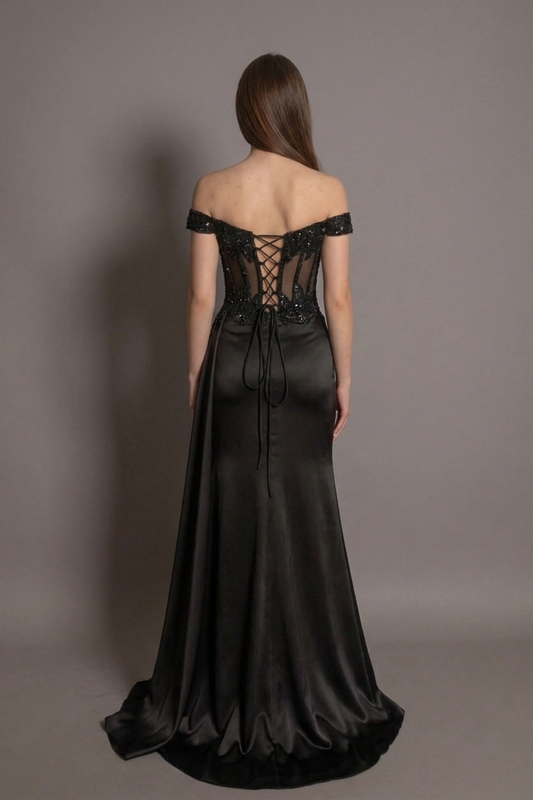 Rochie neagră lungă Eleanora Star cu corset, șliț și accente strălucitoare Eleonora Luxe - imagine 2