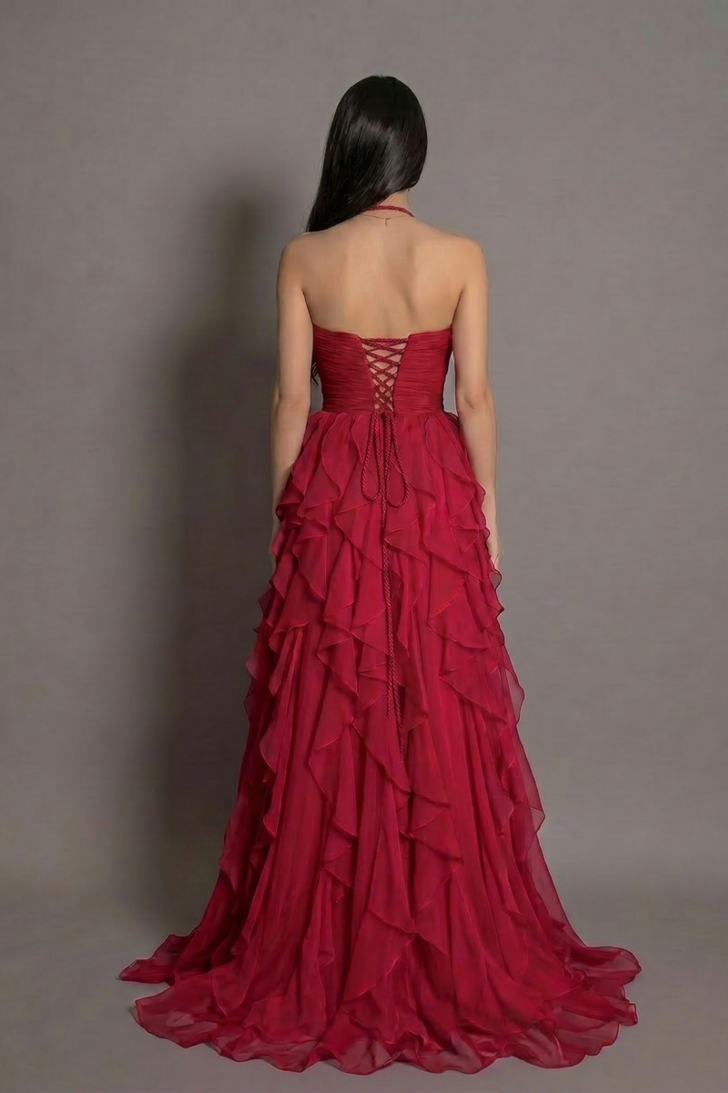 Rochie roșie lungă Ruffle Elegance cu decolteu inimă și volane Eleonora Luxe - imagine 2