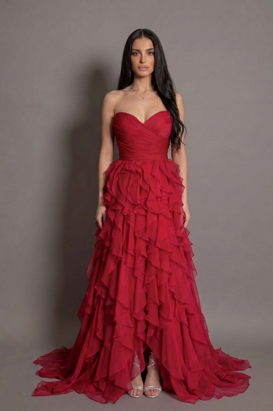 Rochie roșie lungă Ruffle Elegance cu decolteu inimă și volane Eleonora Luxe - imagine 1