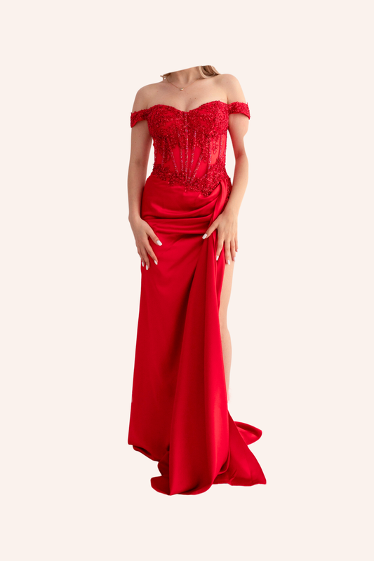 Long Red Split Corset Dress with Sparkly Accents Eleanora Star Dress