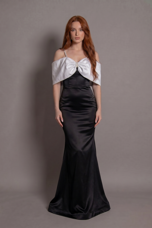 Rochie neagră lungă Eleonora Bow cu bretele strălucitoare și fundă maxi Eleonora Luxe - imagine 1