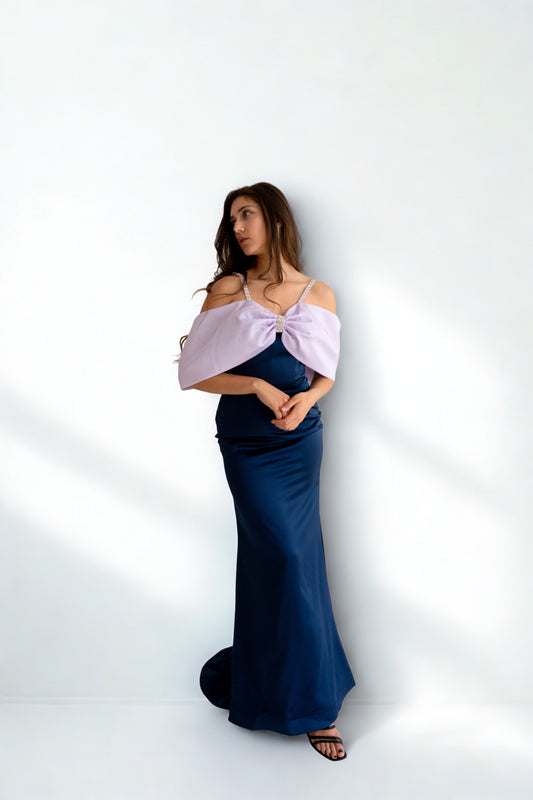 Rochie de Ocazie cu Bretele Strălucitoare și Fundă Maxi - Eleonora Bow Dress (AT6) - Albastru