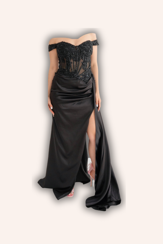 Rosie lungă cu șliț, corset și cu Accente Strălucitoare Eleanora Star Dress (AT7) - Negru