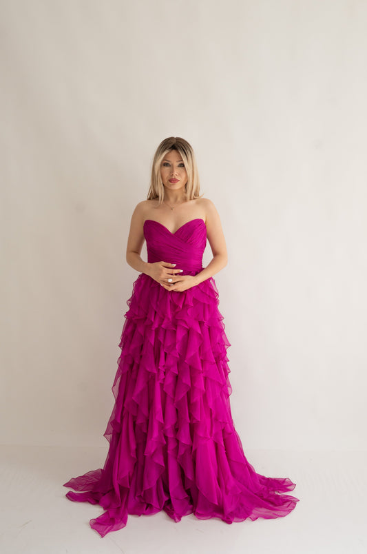 Rochie de Seară prințesă, decolteu inimă și cu Volane - Ruffle Elegance (AT5) - Magenta