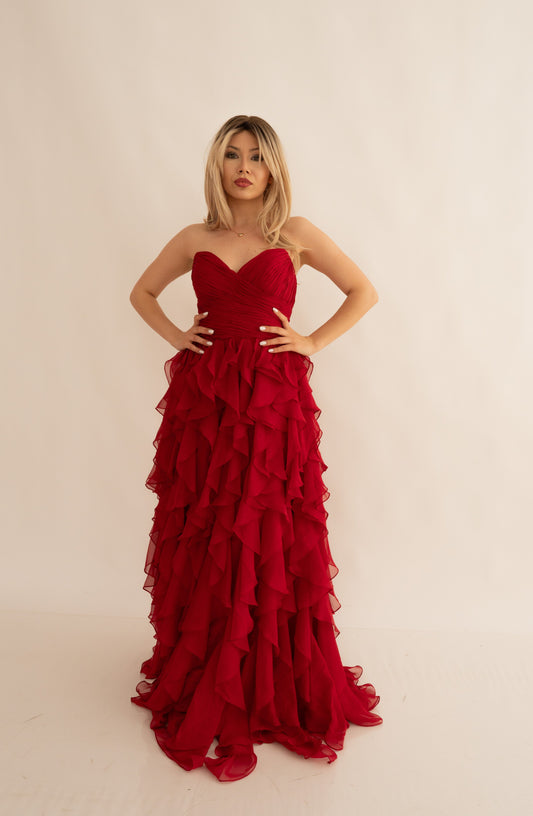 Rochie de Seară prințesă, decolteu inimă și cu Volane - Ruffle Elegance (AT5) - Rosu