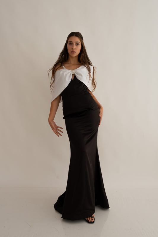 Rochie de Ocazie cu Bretele Strălucitoare și Fundă Maxi - Eleonora Bow Dress (AT6) - Negru