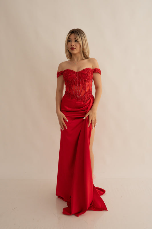 Rochie lungă cu șliț, corset și cu Accente Strălucitoare Eleanora Star Dress (AT7) - Rosu