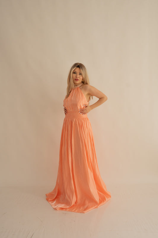 Rochie lunga nunta Halter Neck cu Strasuri – Celeste Glow (AT2) - Roz somon