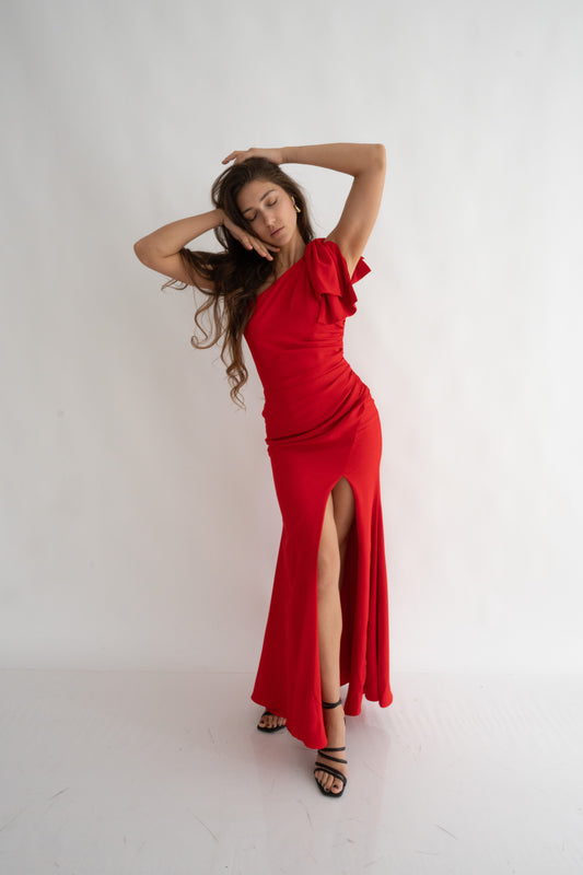 Rochie elegantă lungă cu slit și fundă, pe un umăr – Eleonora Rose Bow (AT1)