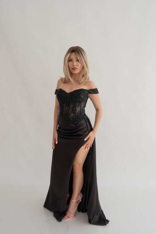 Rosie lungă cu șliț, corset și cu Accente Strălucitoare Eleanora Star Dress (AT7) - Negru