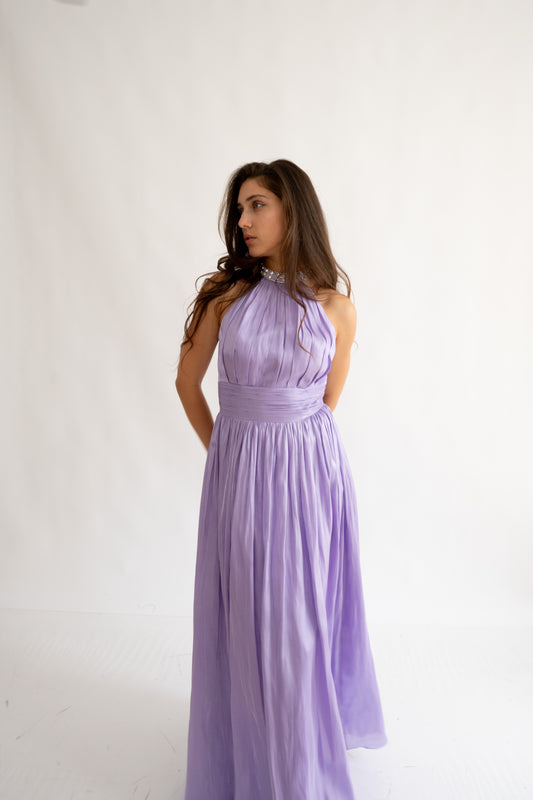 Rochie lunga nunta Halter Neck cu Strasuri – Celeste Glow (AT2) - Liliac