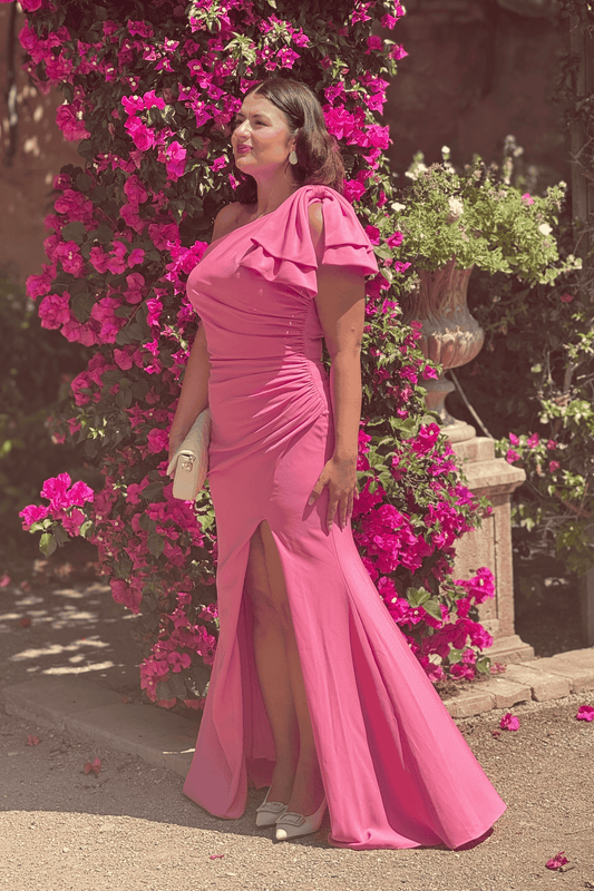 Rochie elegantă lungă cu slit și fundă, pe un umăr – Eleonora Rose Bow (AT1)