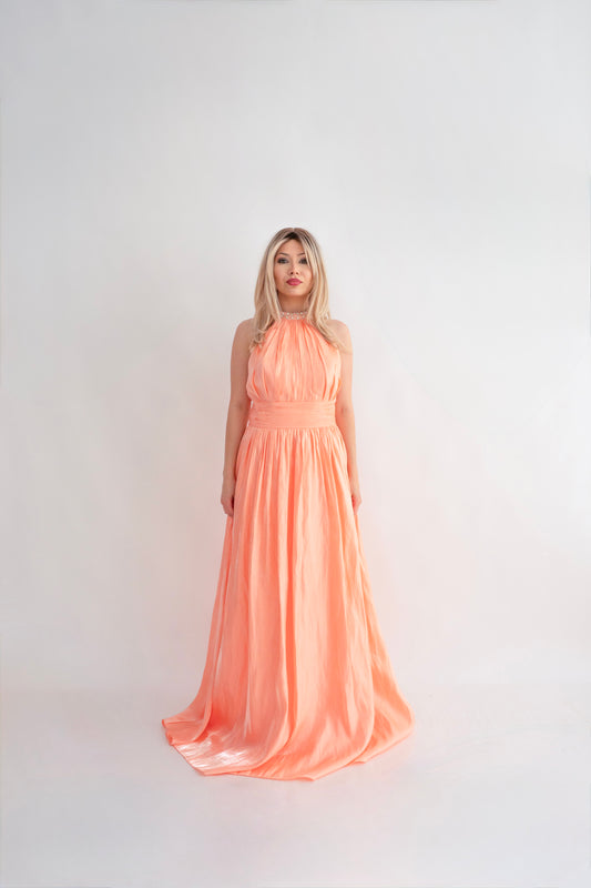 Rochie lunga nunta Halter Neck cu Strasuri – Celeste Glow (AT2) - Roz somon