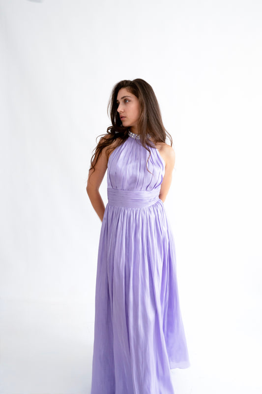 Rochie lunga nunta Halter Neck cu Strasuri – Celeste Glow (AT2) - Liliac