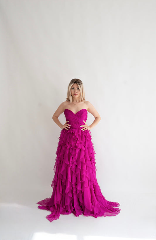 Rochie de Seară prințesă, decolteu inimă și cu Volane - Ruffle Elegance (AT5) - Magenta