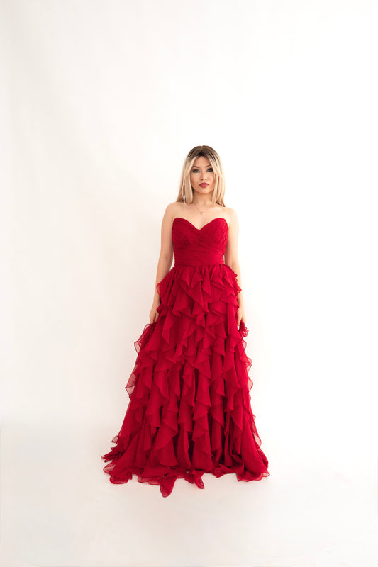 Rochie de Seară prințesă, decolteu inimă și cu Volane - Ruffle Elegance (AT5) - Rosu