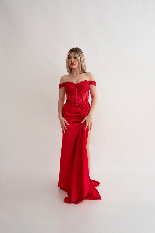 Rochie lungă cu șliț, corset și cu Accente Strălucitoare Eleanora Star Dress (AT7) - Rosu