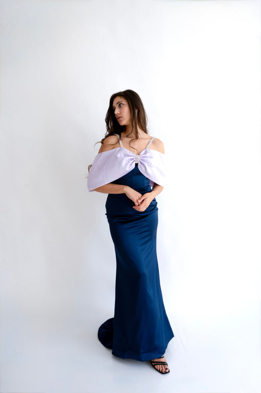 Rochie de Ocazie cu Bretele Strălucitoare și Fundă Maxi - Eleonora Bow Dress (AT6) - Albastru