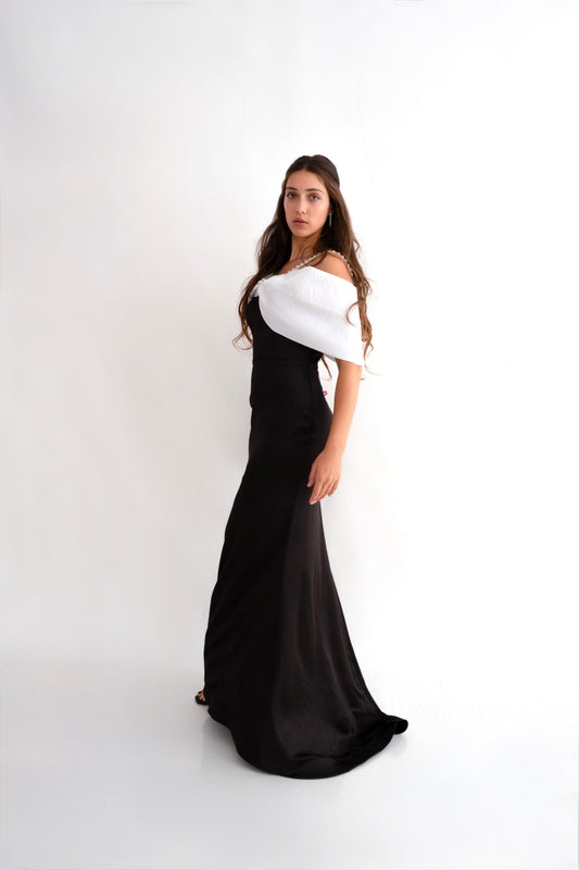 Rochie de Ocazie cu Bretele Strălucitoare și Fundă Maxi - Eleonora Bow Dress (AT6) - Negru